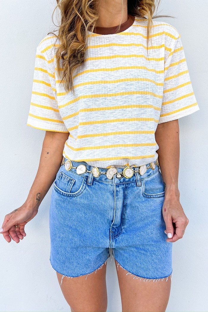 T-Shirt de Listras Gola Cacau Nora - MiniMoni