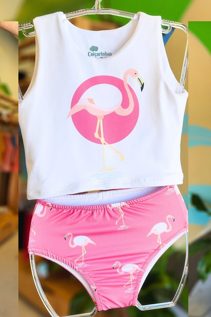 Biquíni Infantil Cropped Regata e Calcinha Alta Rosa Flamingo