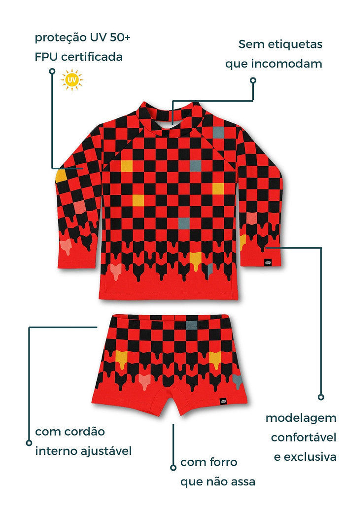 Camisa + Sunga Proteção UV50+ Confortável Vermelho Quadriculados