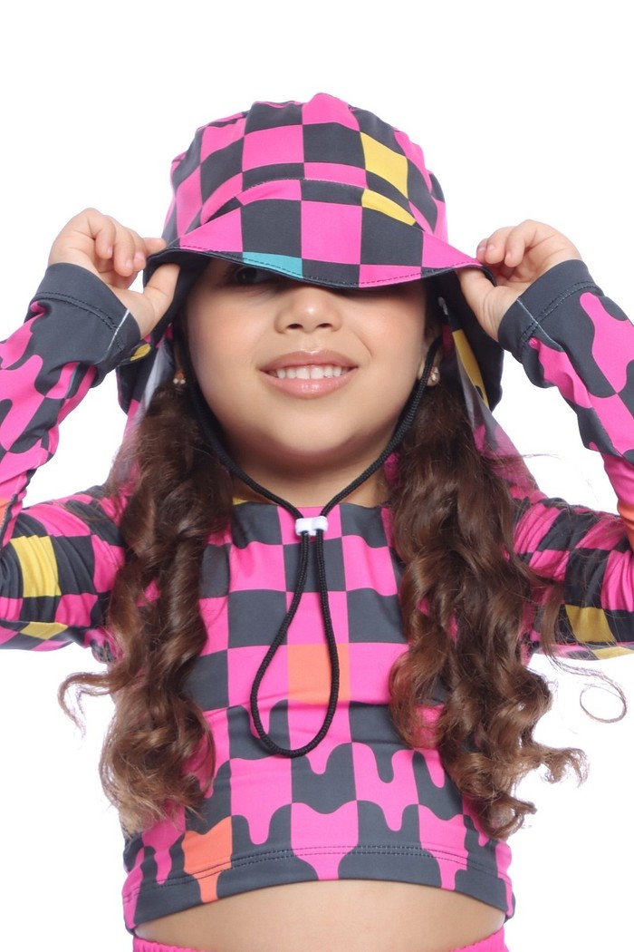 Chapéu infantil Proteção Solar UV 50+ Dupla Face Ajustável Rosa Quadriculados