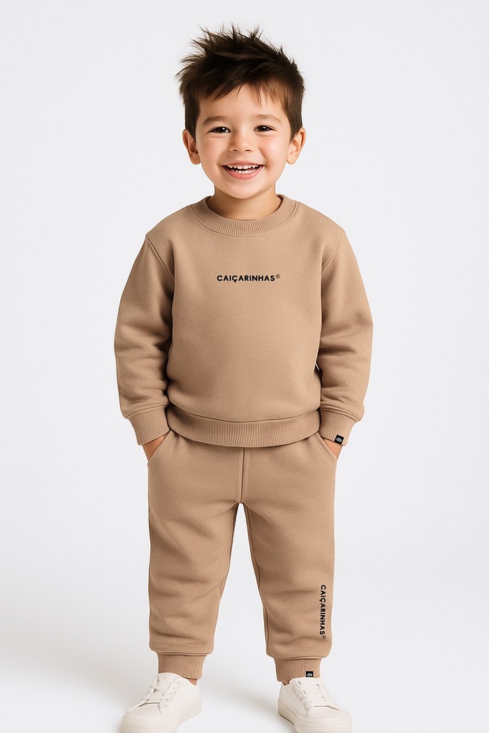 Kit Caiçarinhas® Moletom Confortável Infantil Blusão + Calça Cor Camelo