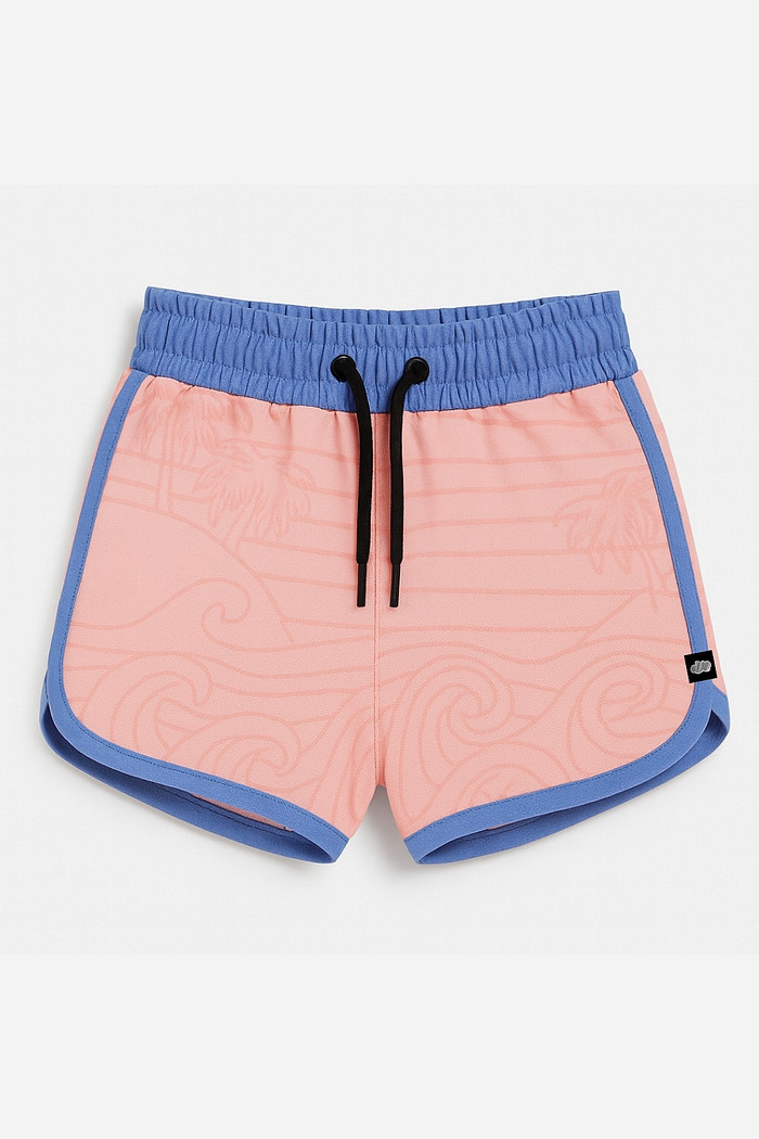 Short Infantil Boleado Tactel com ajuste na cintura UV 50+ Rosa com Azul Beach On