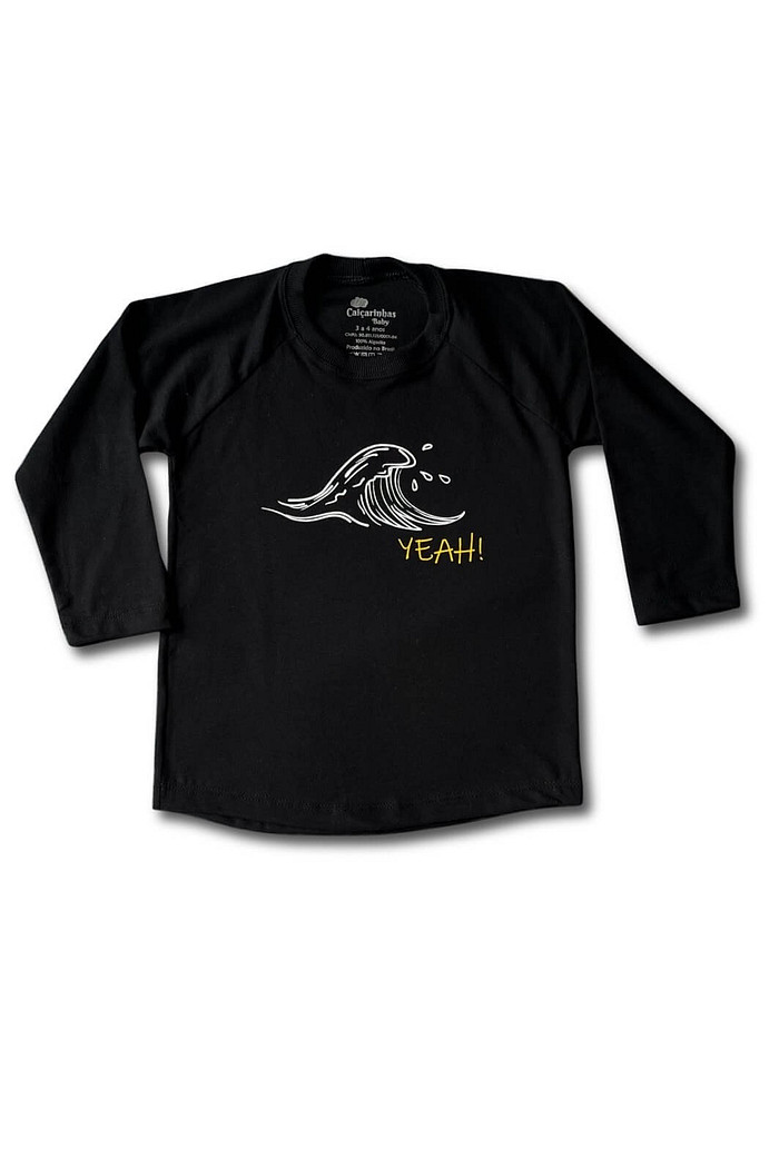 Camiseta Infantil Manga Longa Algodão Toque Macio Preta Onda Yeah