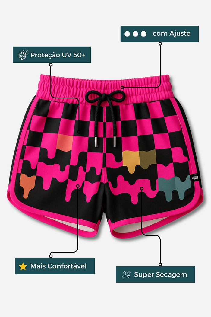 Short Infantil Boleado Tactel com ajuste na cintura UV 50+ Rosa com Preto Quadriculados
