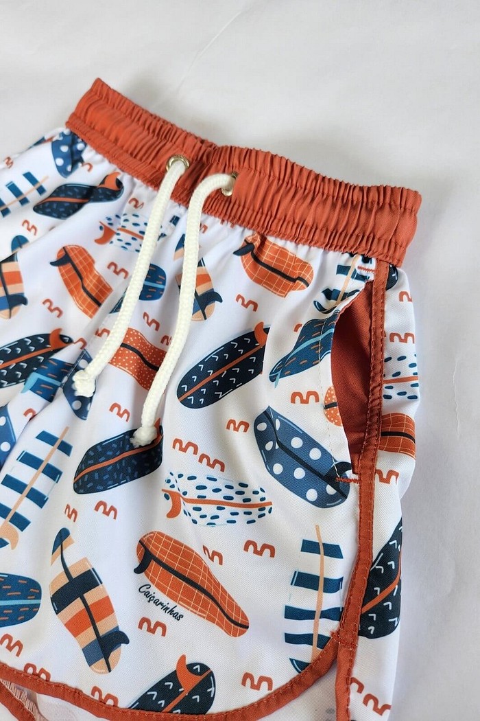 Short Infantil Tactel curto de banho com ajuste na cintura e Proteção UV 50+ Branco Pranchas