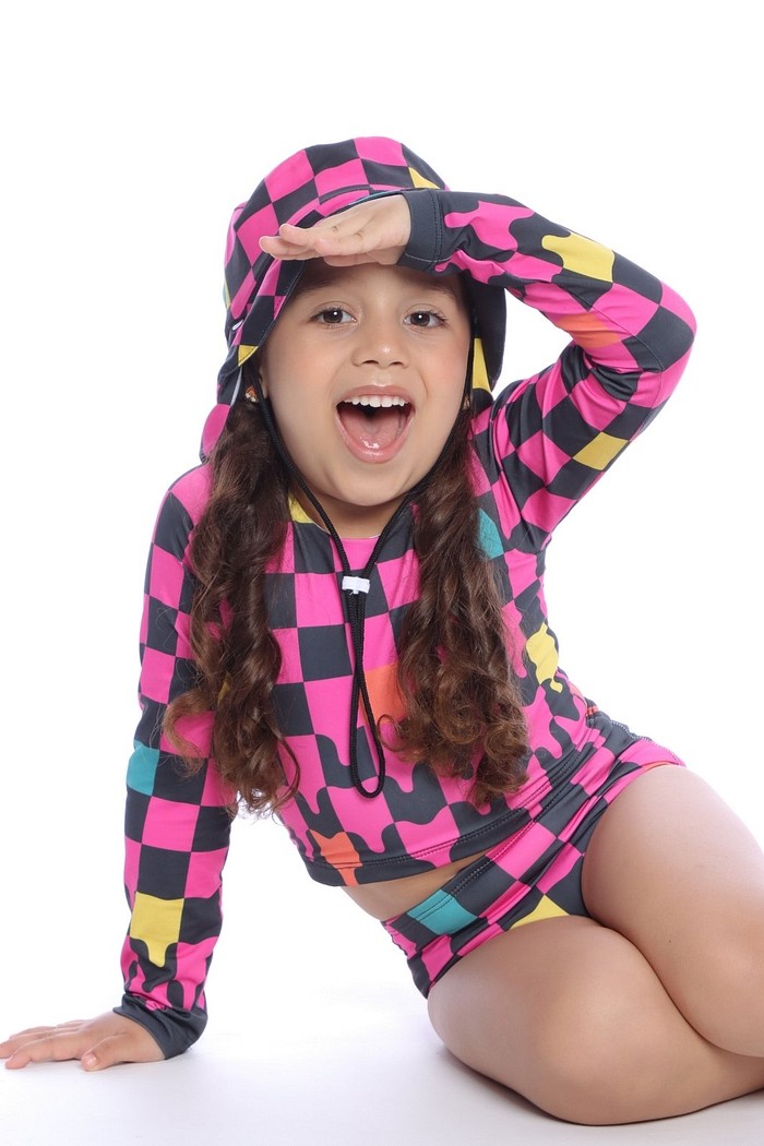 Cropped Manga Longa e Calcinha Alta Proteção UV50+ Rosa com Preto