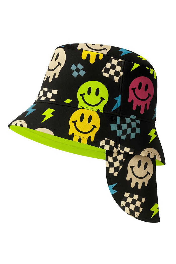 Chapéu infantil Proteção Solar UV 50+ Dupla Face Ajustável Preto com Verde Smiles