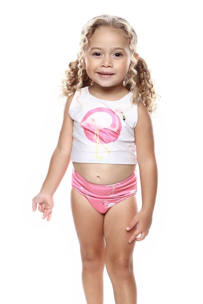 Biquíni Infantil Cropped Regata e Calcinha Alta Rosa Flamingo