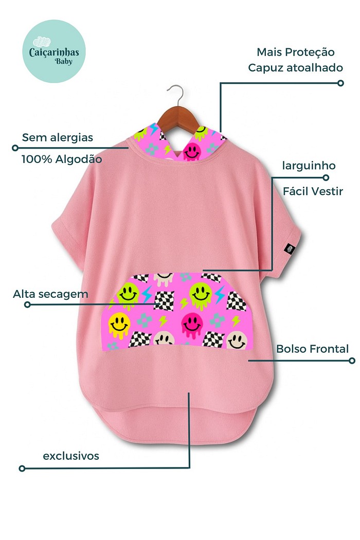 Roupão Poncho Infantil Com Capuz 100% Algodão Atoalhado Super Secagem Proteção UV50+ Rosa Smiles