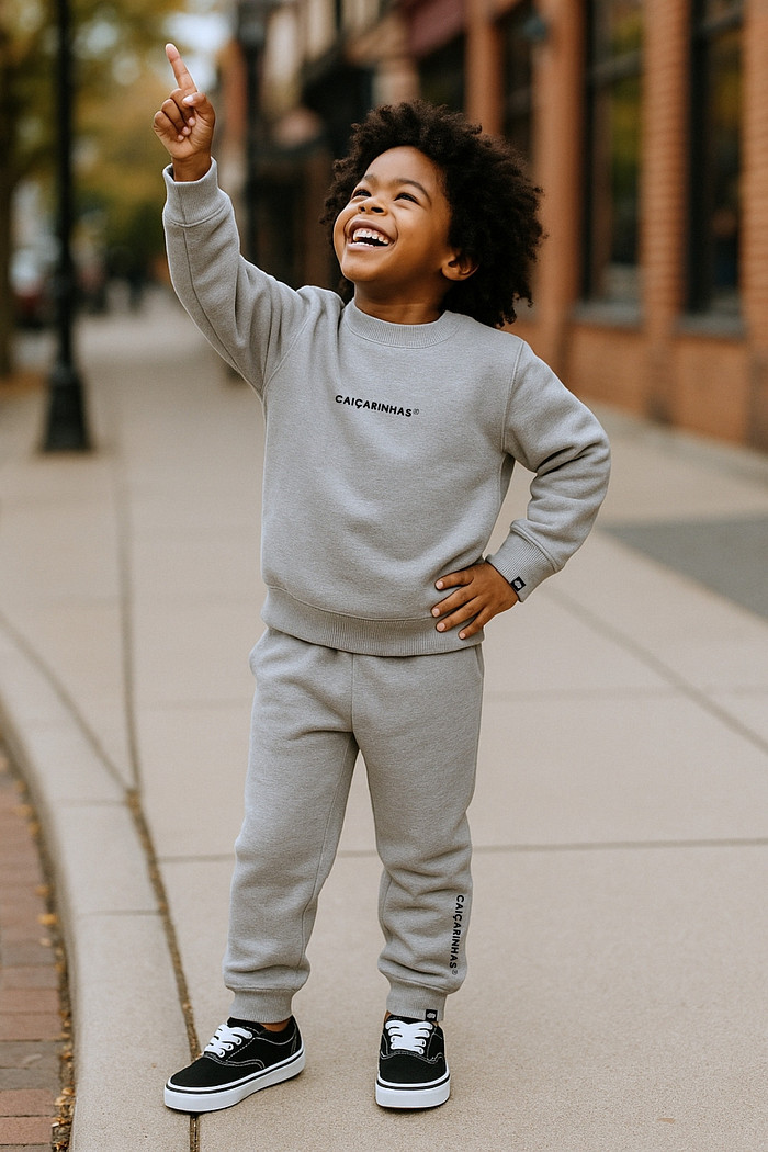 Kit Cinza Caiçarinhas® Casaco + Calça Moletom Infantil Confortável
