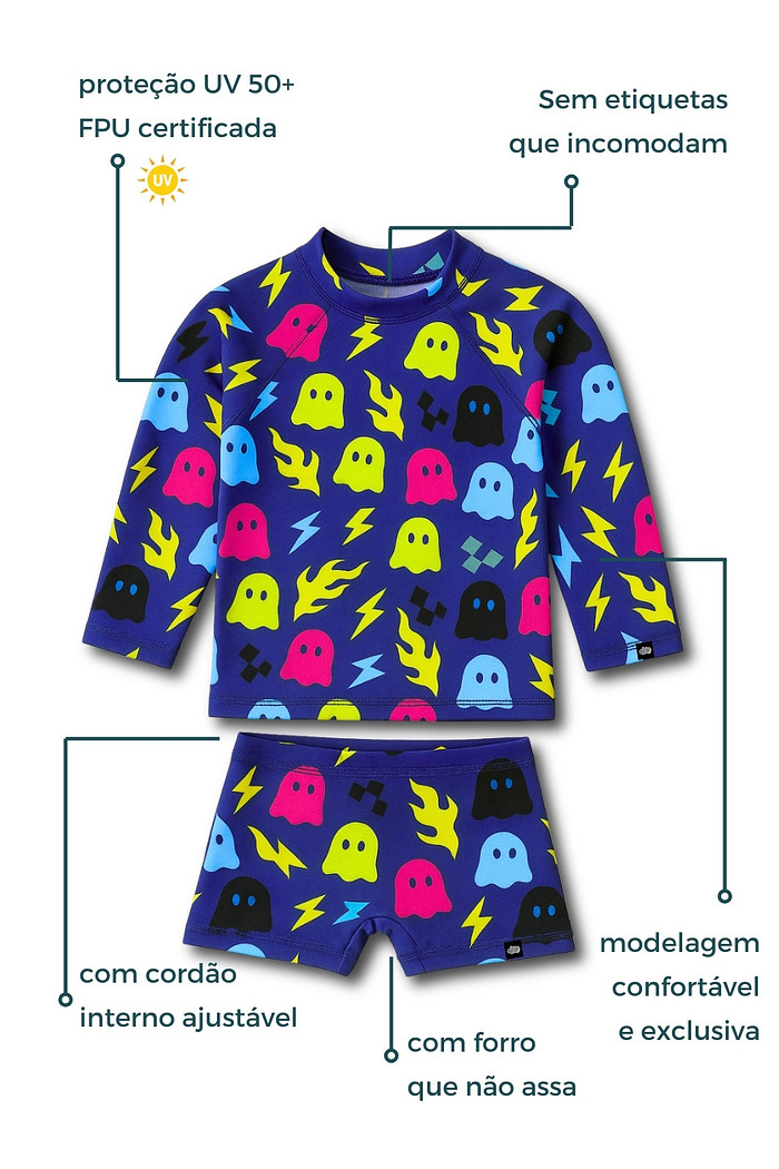 Camisa + Sunga Proteção UV50+ Confortável Azul Fantasminhas