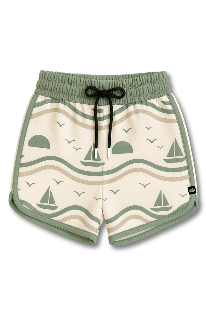 Short Infantil Boleado Tactel com ajuste na cintura UV 50+ Off White Barquinhos