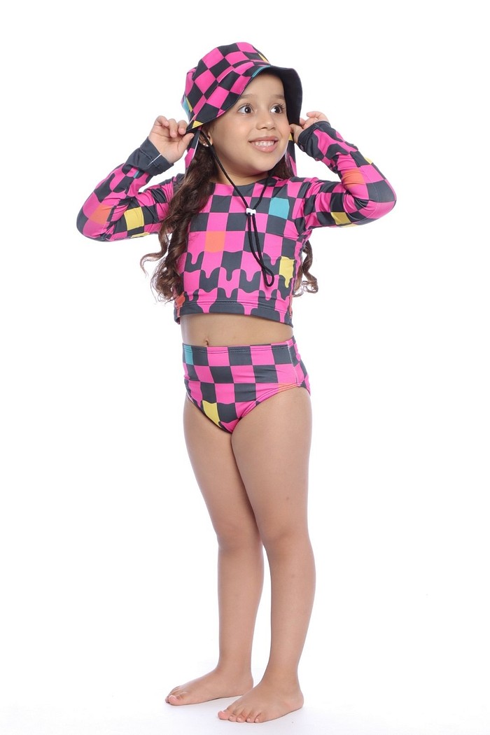 Cropped Manga Longa e Calcinha Alta Proteção UV50+ Rosa com Preto