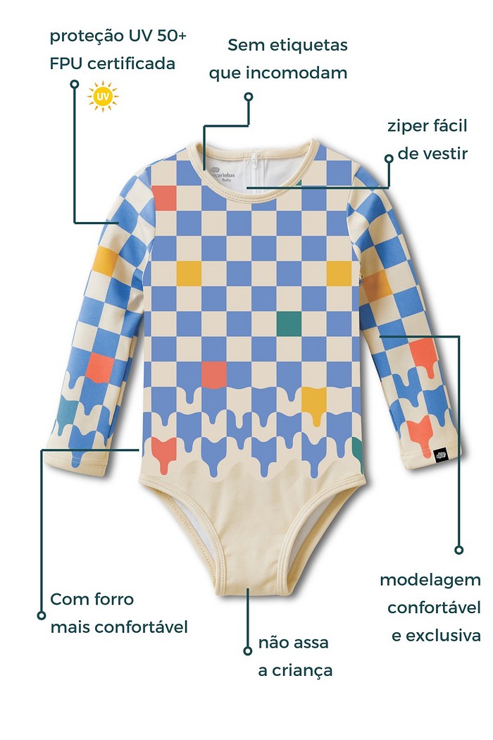 Maiô Manga Longa Proteção UV50+ Confortável Off White com Azul Quadriculado