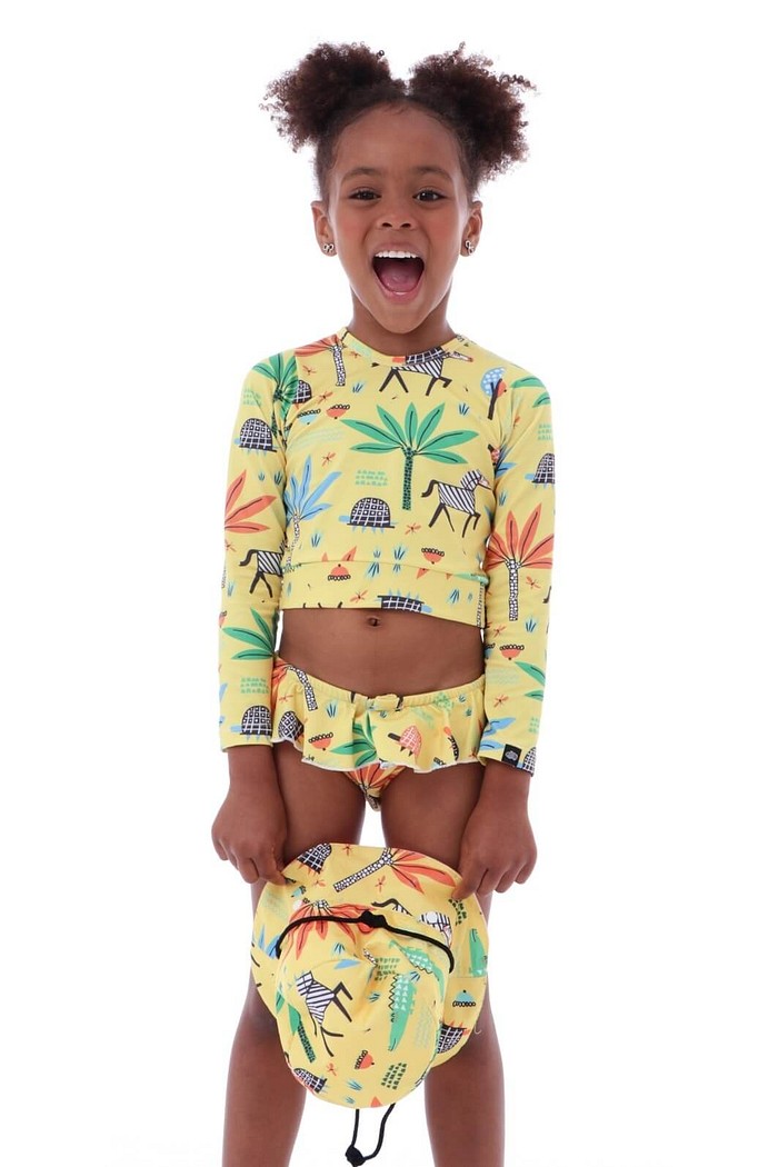 Biquíni Infantil Cropped Manga Longa Calcinha com Babadinho e Proteção Solar UV50+ Amarelo Safari