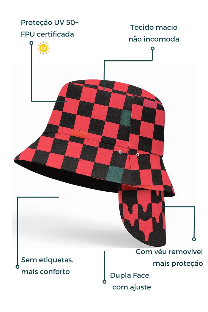Chapéu infantil Proteção Solar UV 50+ Dupla Face Ajustável Vermelho Quadriculados