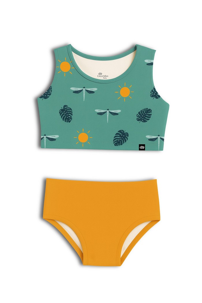Cropped Regata e Calcinha Alta Proteção UV50+ Verde Libélulas