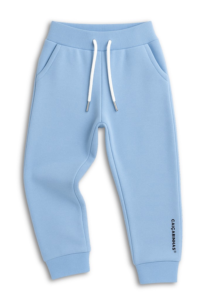 Calça infantil Jogger Azul Claro com punho e ajuste na cintura em tecido Moletom Flanelado