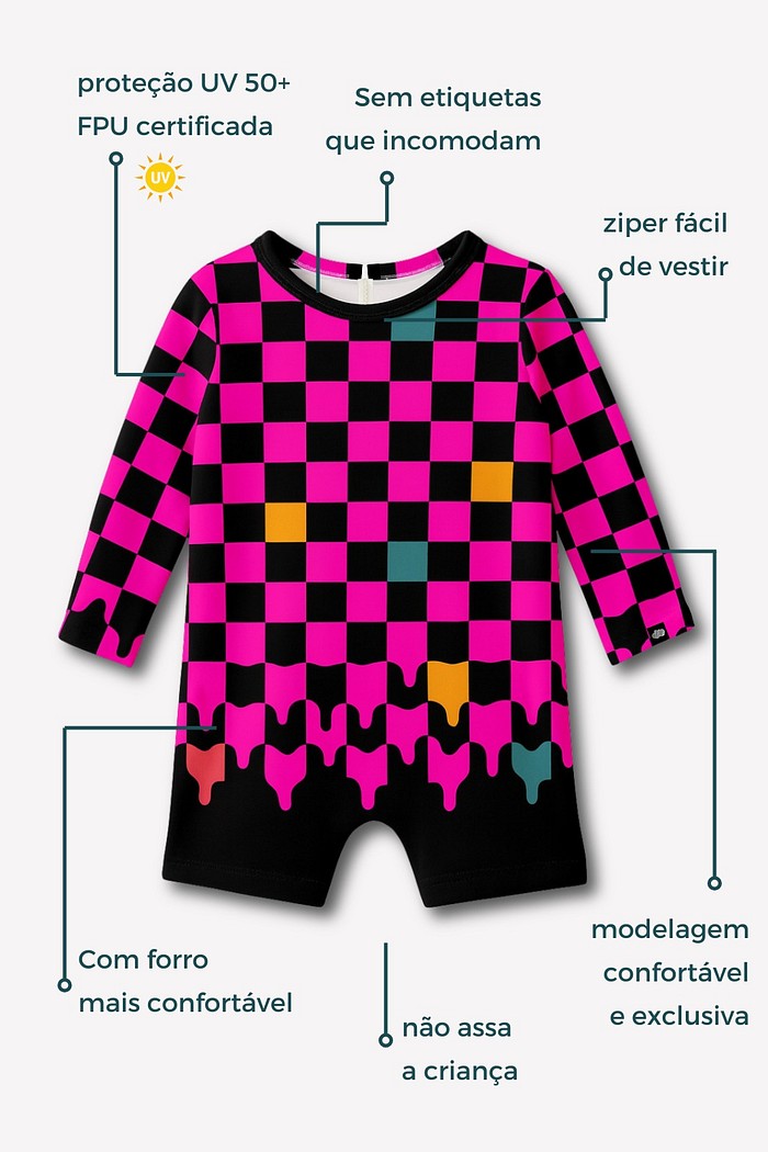 Macacão Praia Bebê Proteção Solar UV 50+ Manga Longa Rosa Quadriculados