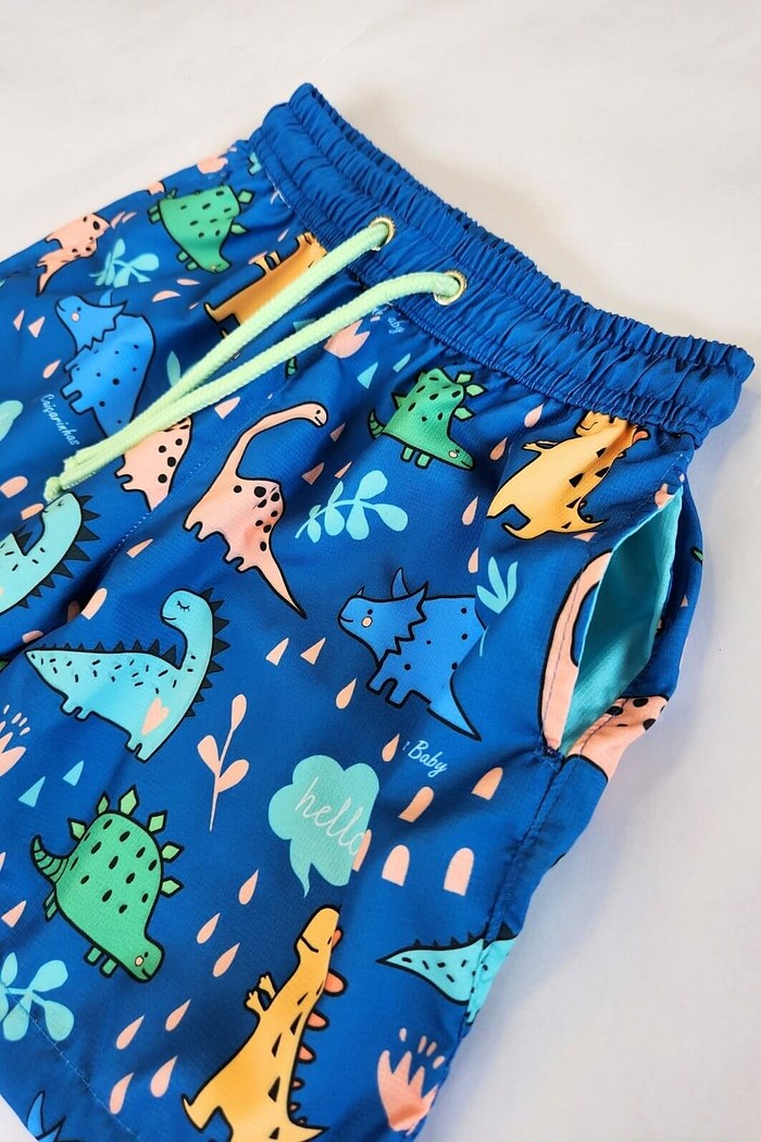 Short Infantil Tactel de banho com ajuste na cintura e proteção UV 50+ Azul Dinossauros