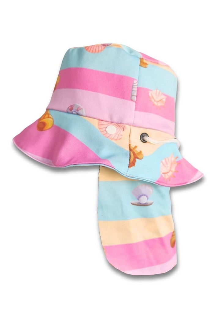 Chapéu infantil Proteção Solar UV 50+ Dupla Face Praia e Piscina Rosa Conchinhas