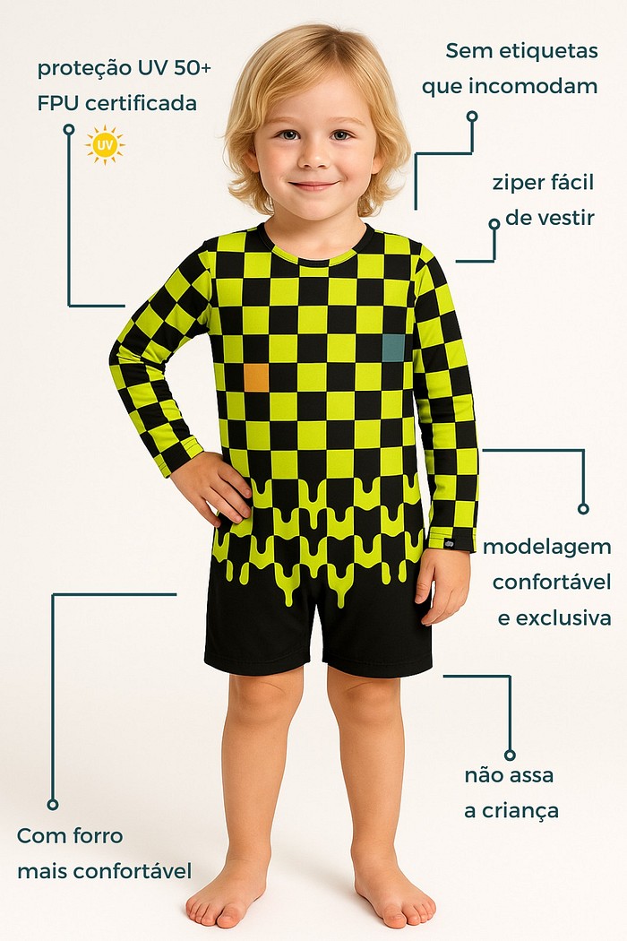 Macacão Praia Bebê Proteção Solar UV 50+ Manga Longa Preto e Verde Quadriculados
