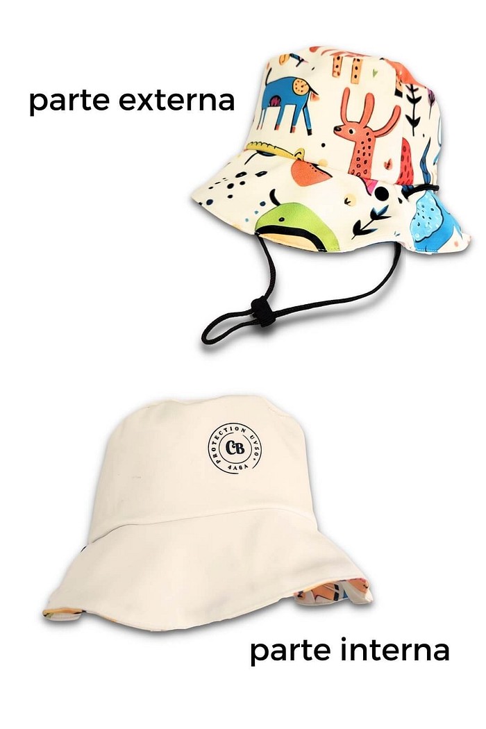 Chapéu infantil Proteção Solar UV 50+ Dupla Face Praia e Piscina Off White Animais