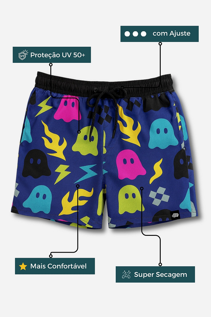 Short Infantil Tactel com ajuste na cintura UV 50+ Azul Fantasminhas