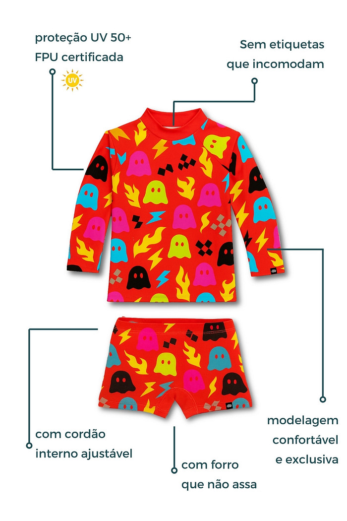 Camisa + Sunga Proteção UV50+ Confortável Vermelho Fantasminhas