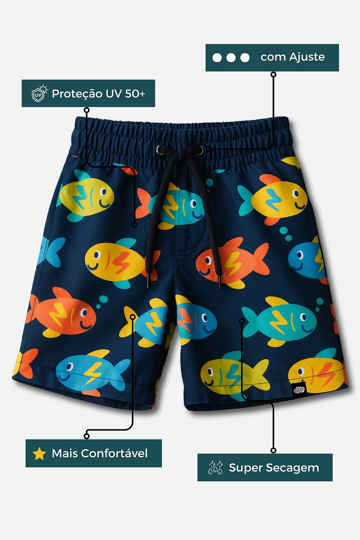 Short Infantil Tactel com ajuste na cintura UV 50+ Azul Peixinhos