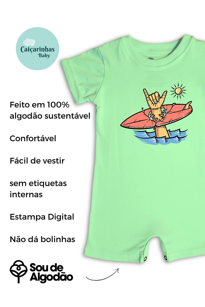 Macacão Bebê Curto Algodão Sustentável Verde Surf Yeah