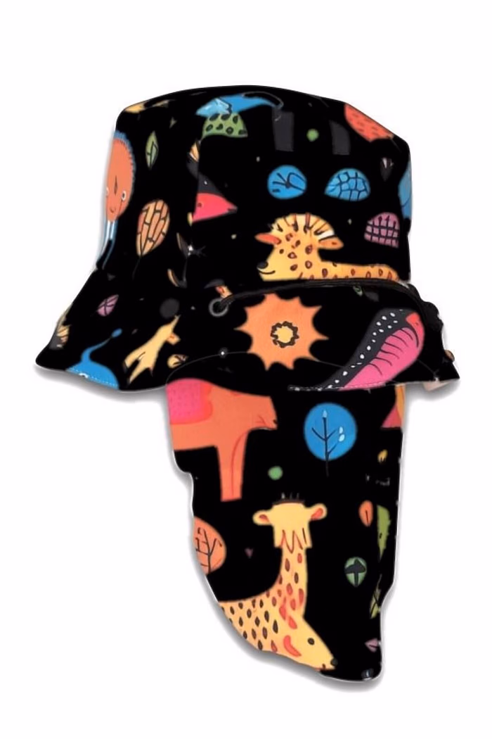 Chapéu infantil Proteção Solar UV 50+ Dupla Face Praia e Piscina Preto Animais