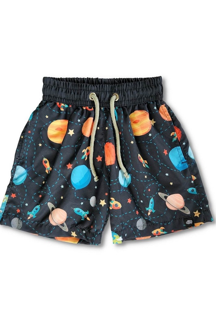Short Infantil Tactel de banho com ajuste na cintura e proteção UV 50+ Preto Universo