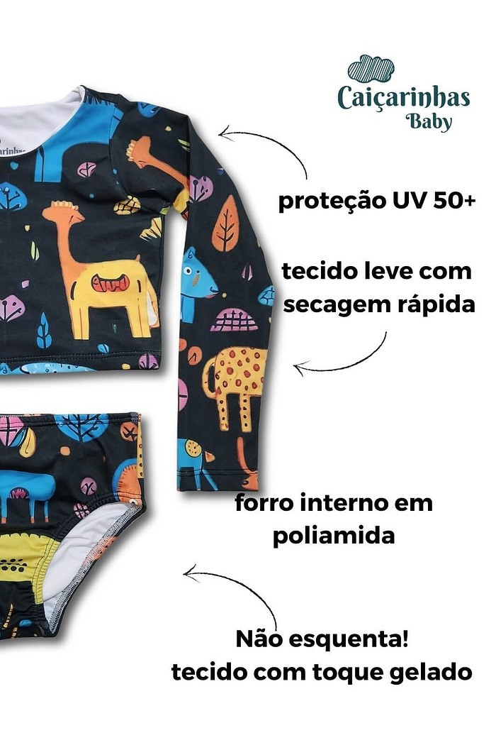 Biquíni Infantil Cropped Manga Longa e Calcinha Alta Preto Animais Abstratos