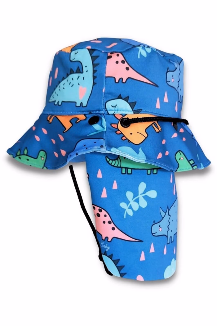 Chapéu infantil Proteção Solar UV 50+ Dupla Face Praia e Piscina Azul Dinossauros