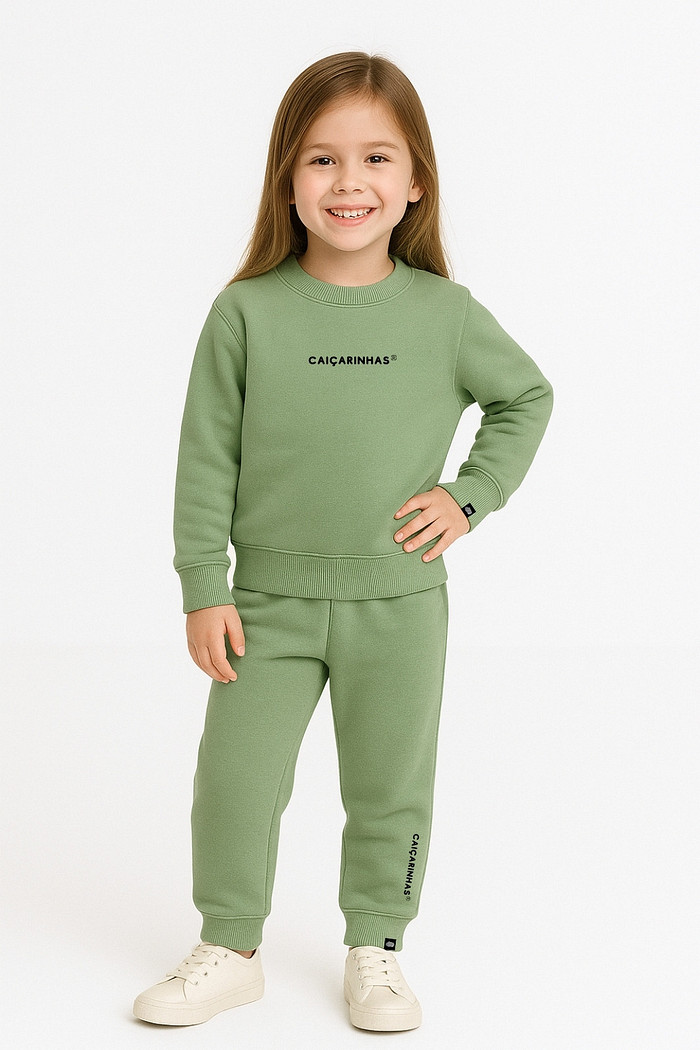 Kit Verde Oliva Caiçarinhas® Moletom Quentinho Infantil Blusão + Calça