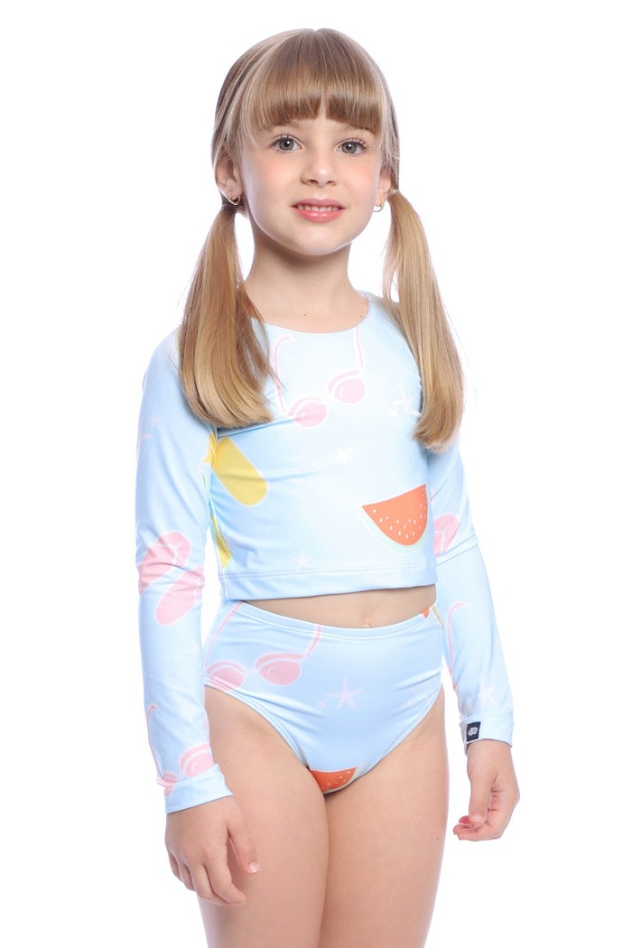 Cropped ML UV Azul Summer com Calcinha Alta Confortável