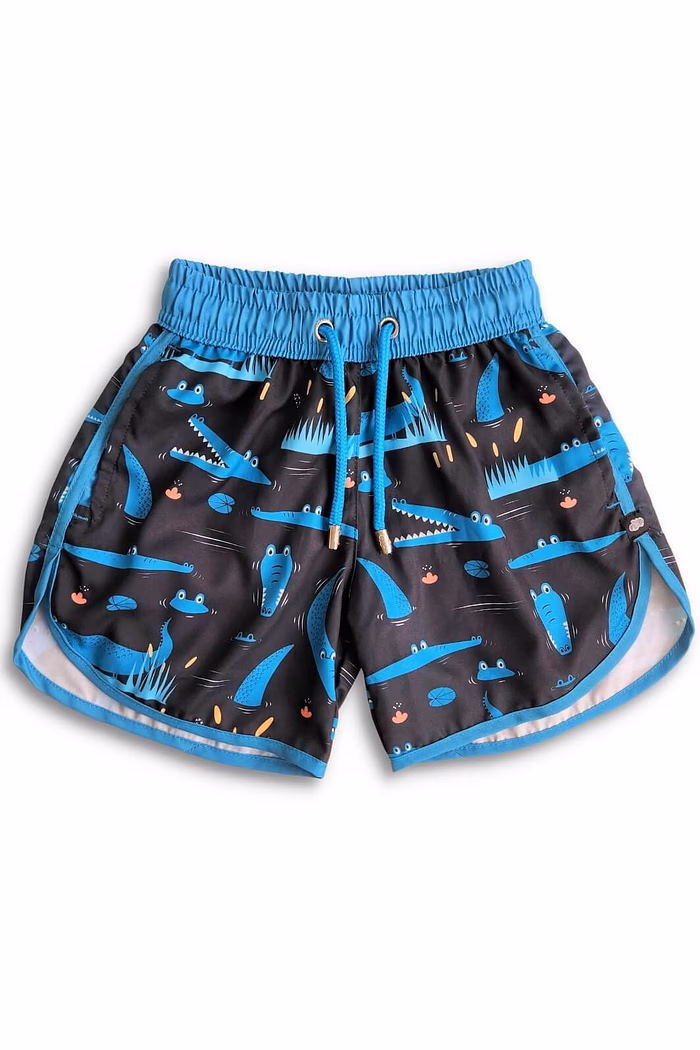 Short Infantil Tactel curto de banho com ajuste na cintura e Proteção UV 50+ Preto Jacaré