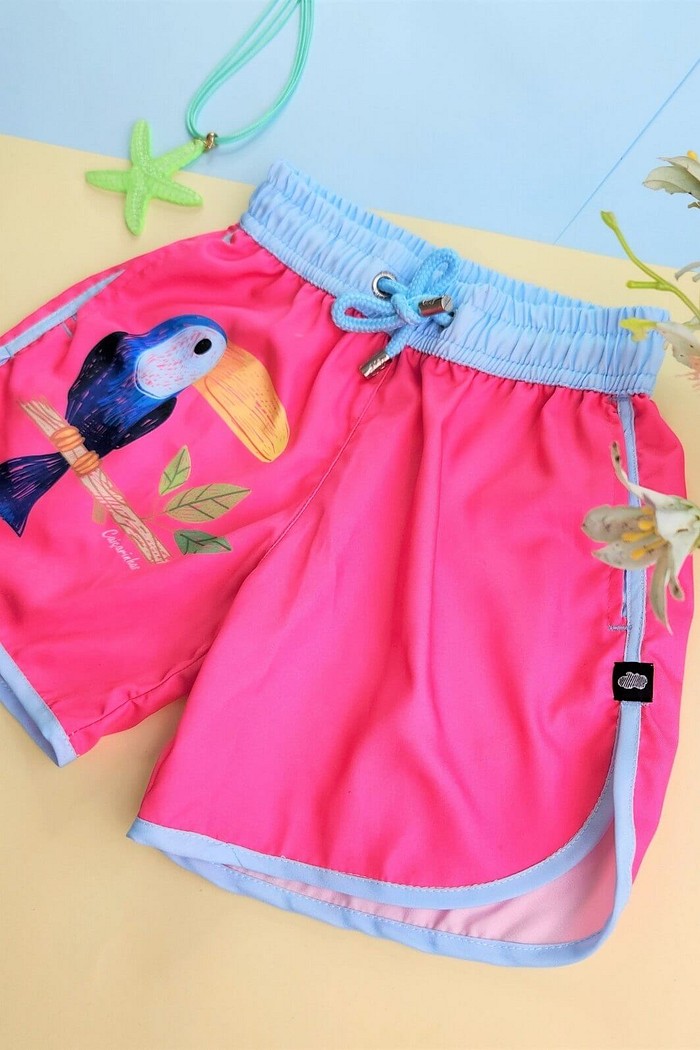 Short Infantil Tactel curto de banho com ajuste na cintura e Proteção UV 50+ Rosa Tucano