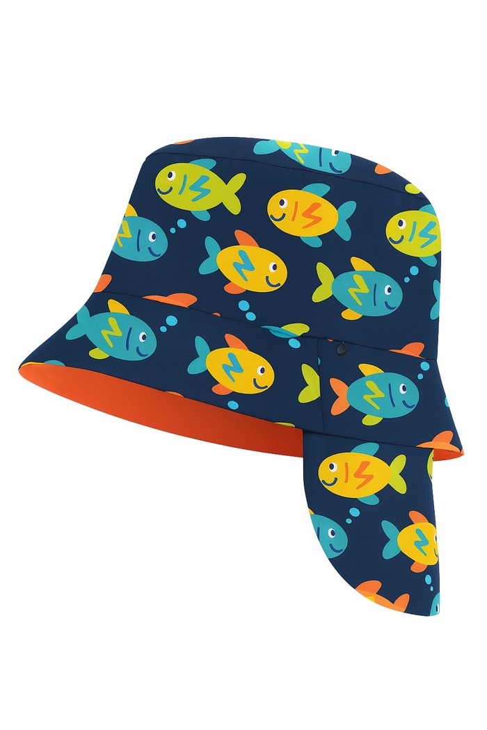 Chapéu infantil Proteção Solar UV 50+ Dupla Face Ajustável Azul Peixinhos