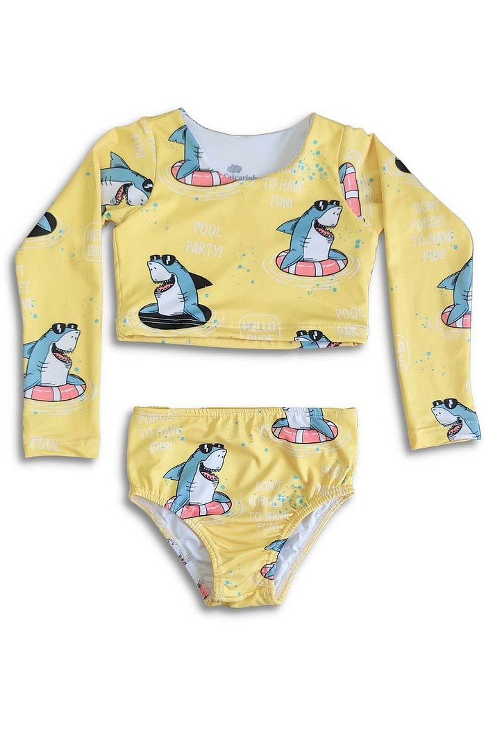 Biquíni Infantil Cropped Manga Longa e Calcinha Alta Proteção Solar UV50+ Amarelo Tuba Relax