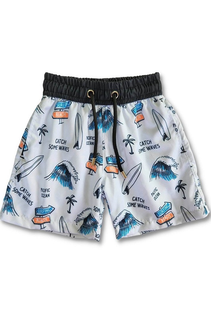 Short Infantil Tactel de banho com ajuste na cintura e proteção UV 50+ Cinza Catch Waves