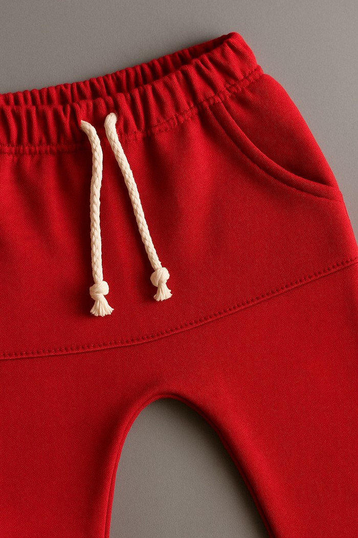 Calça Infantil Saruel Vermelha com ajuste na cintura, bolso frontal em moletinho