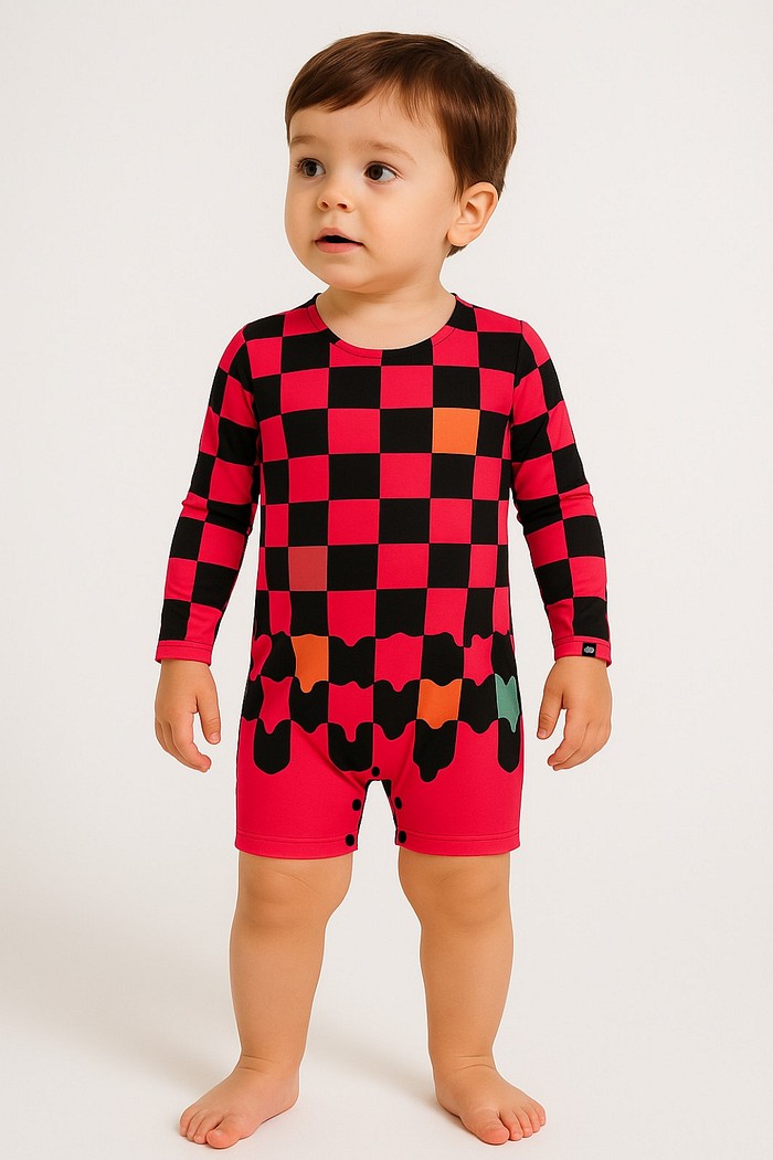 Macacão Praia Bebê Proteção Solar UV 50+ Manga Longa Vermelho Quadriculados