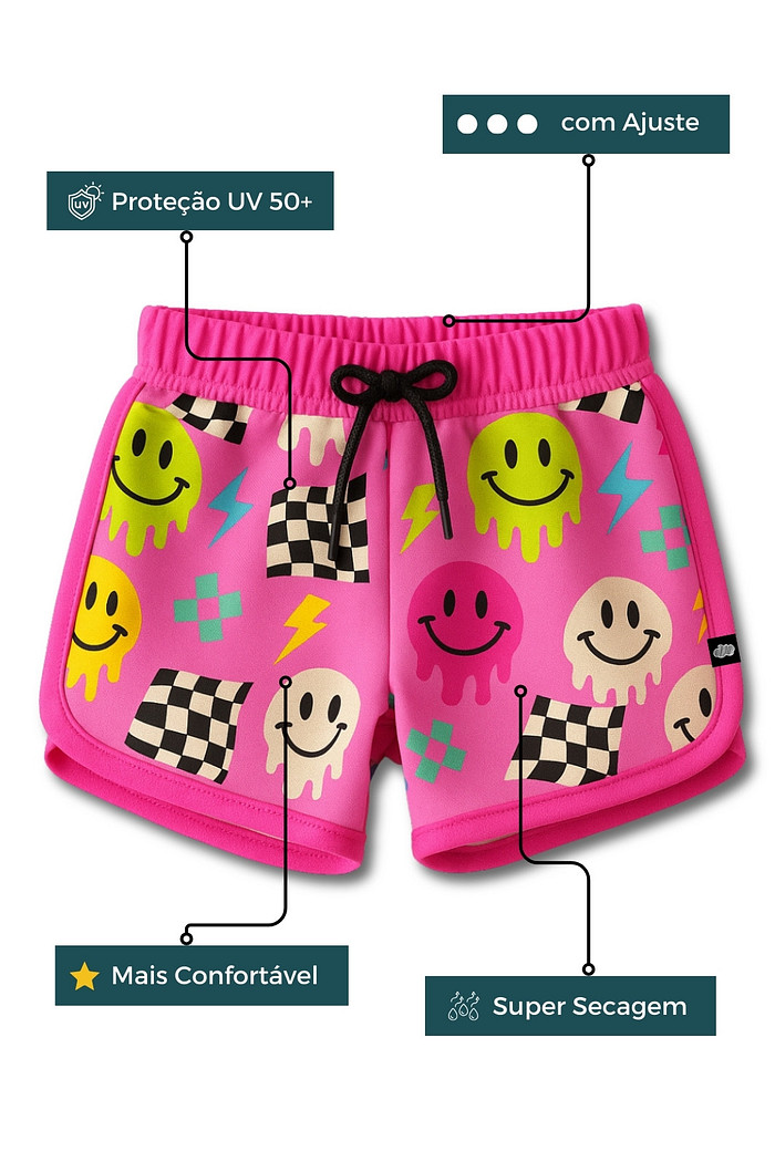 Short Infantil Boleado Tactel com ajuste na cintura UV 50+ Rosa Smiles