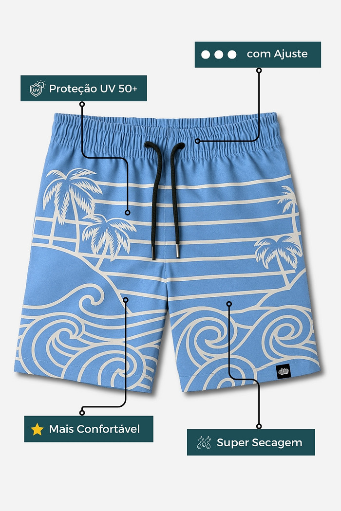 Short Infantil Tactel com ajuste na cintura e proteção UV 50+ Azul Beach On
