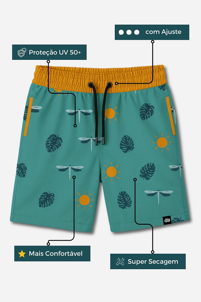 Short Infantil Tactel de banho com ajuste na cintura e proteção UV 50+ Verde Libélulas