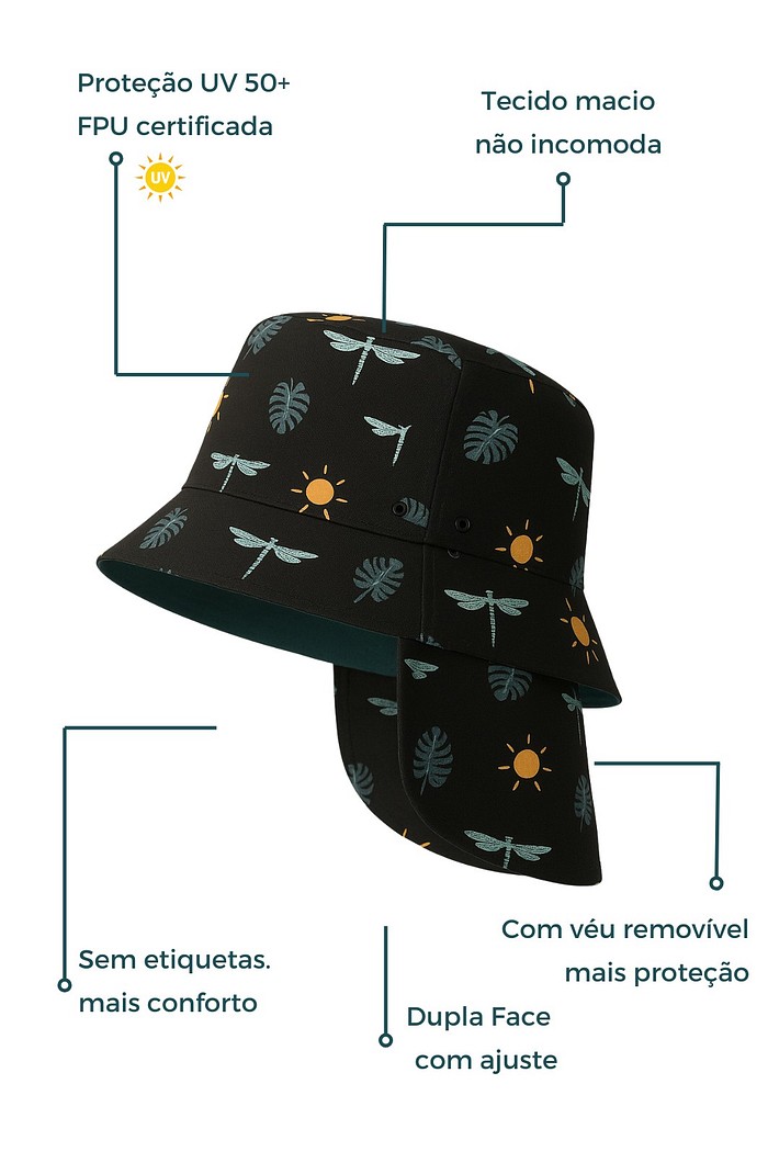 Chapéu infantil Proteção Solar UV 50+ Dupla Face Ajustável Preto Libélulas