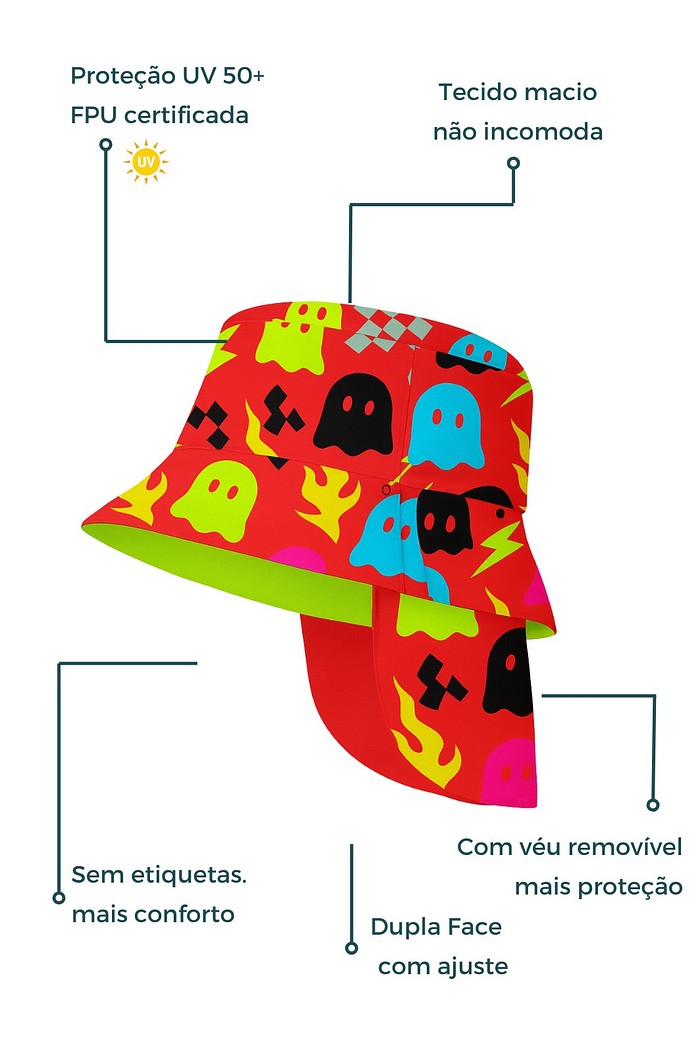 Chapéu infantil Proteção Solar UV 50+ Dupla Face Ajustável Vermelho Fantasminhas