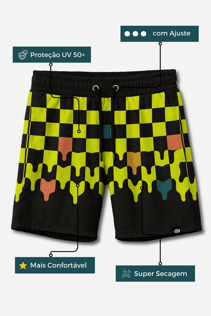 Short Infantil Tactel com ajuste na cintura UV 50+ Preto e Verde Quadriculados